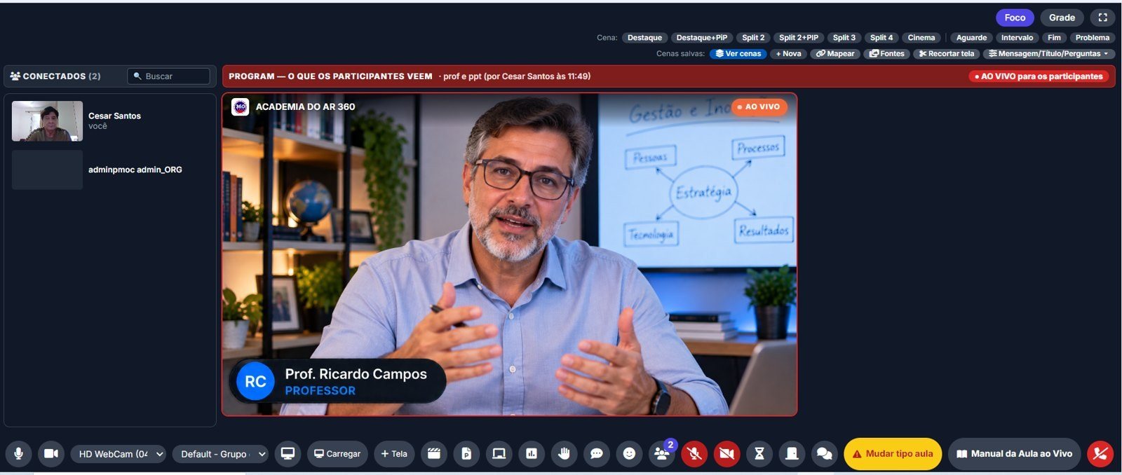 Tela da mesa de corte da plataforma durante uma aula ao vivo