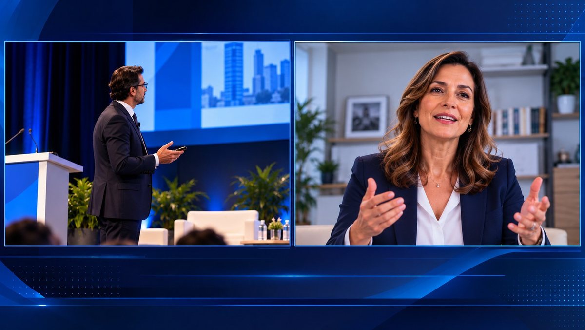 Palestrante no palco e convidada em videoconferência, lado a lado